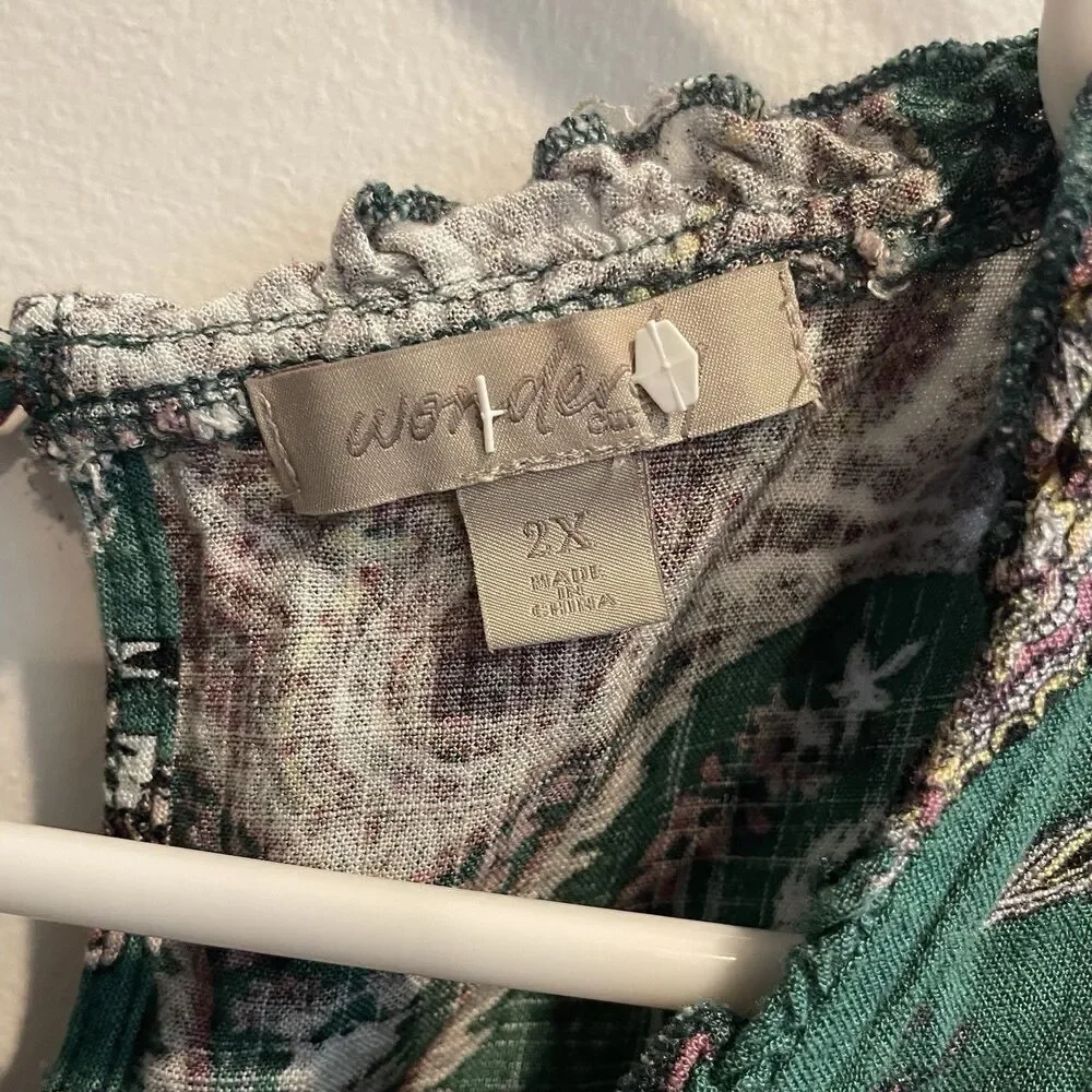 Wonderly Green Floral Women's Paisley Tiered Boho Top Sz 2X Tunic Dress Prairie